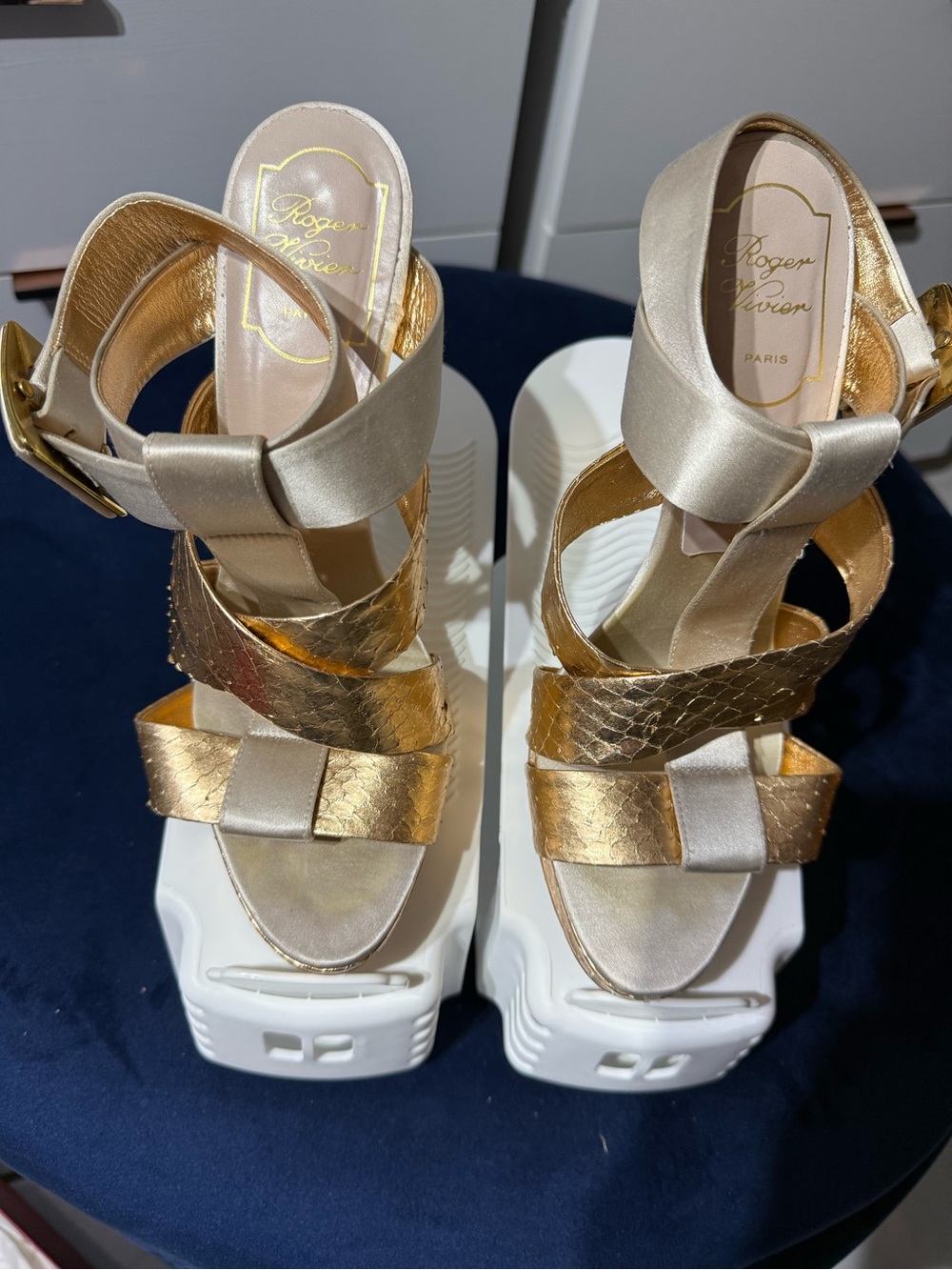 Roger Vivier Gold and Cream Strappy Platform Sandals